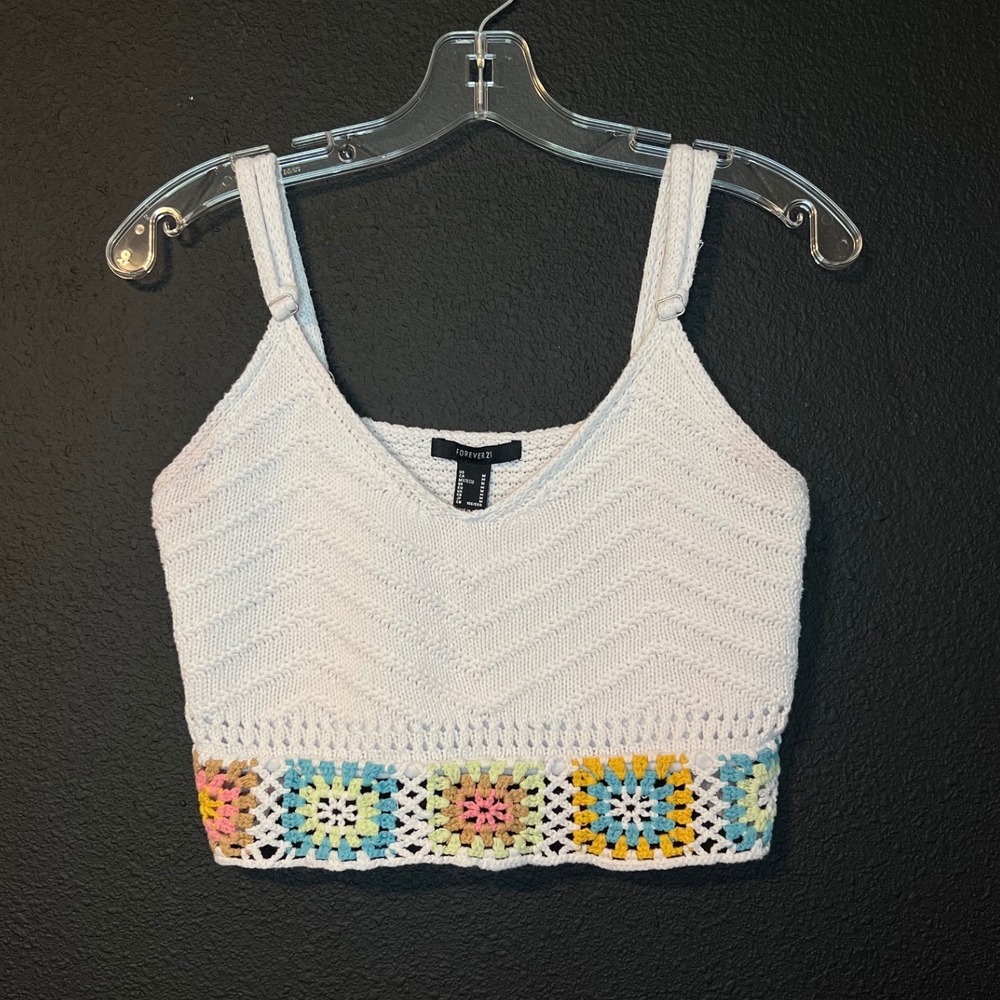 Forever 21 White Crochet Knit Crop Tank‎ Top Granny Square Boho Festival Cami M
